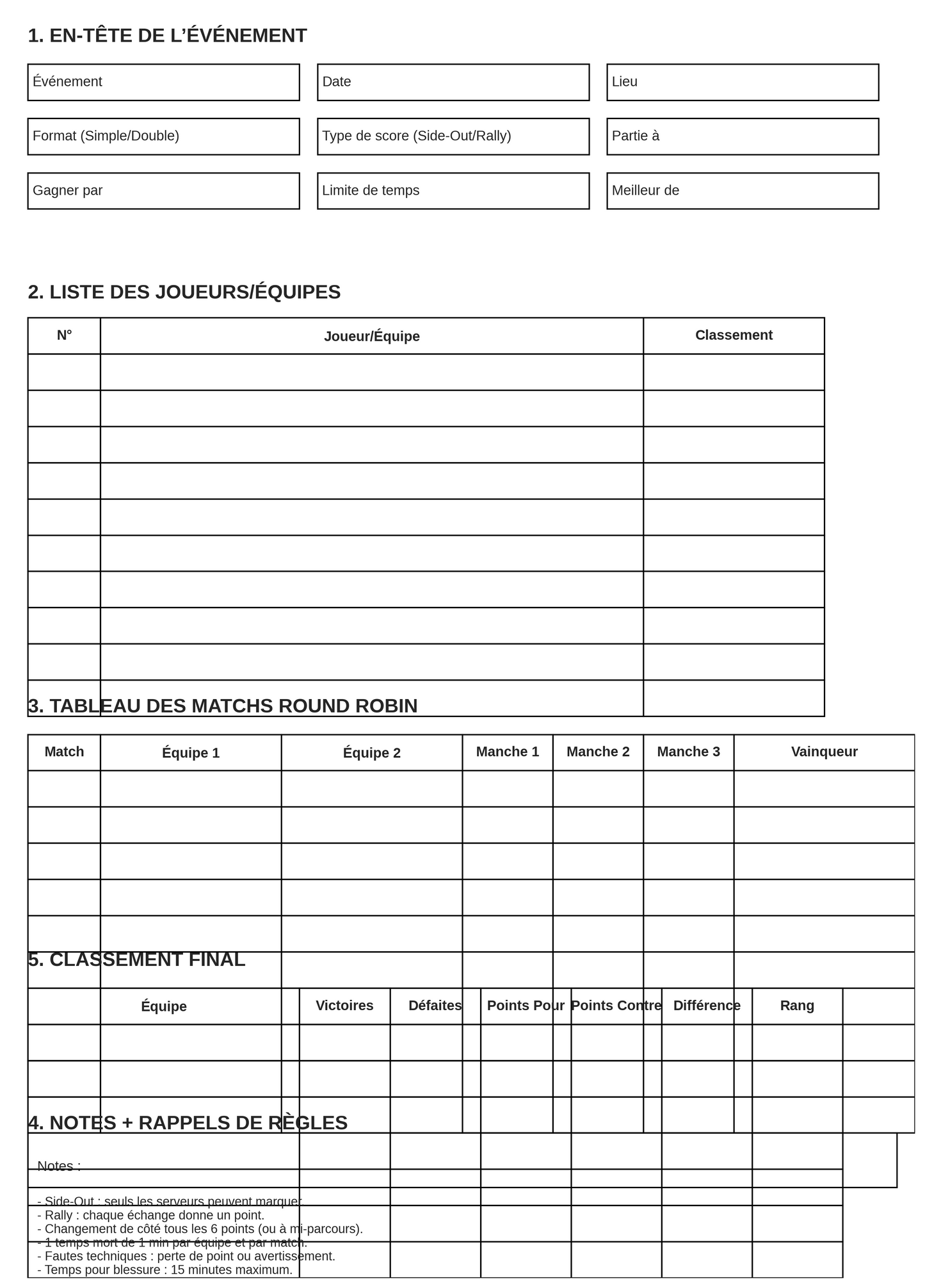 Feuille de Score Pickleball Round Robin – PDF Imprimable pour Clubs et Tournois (Téléchargement Instantané)