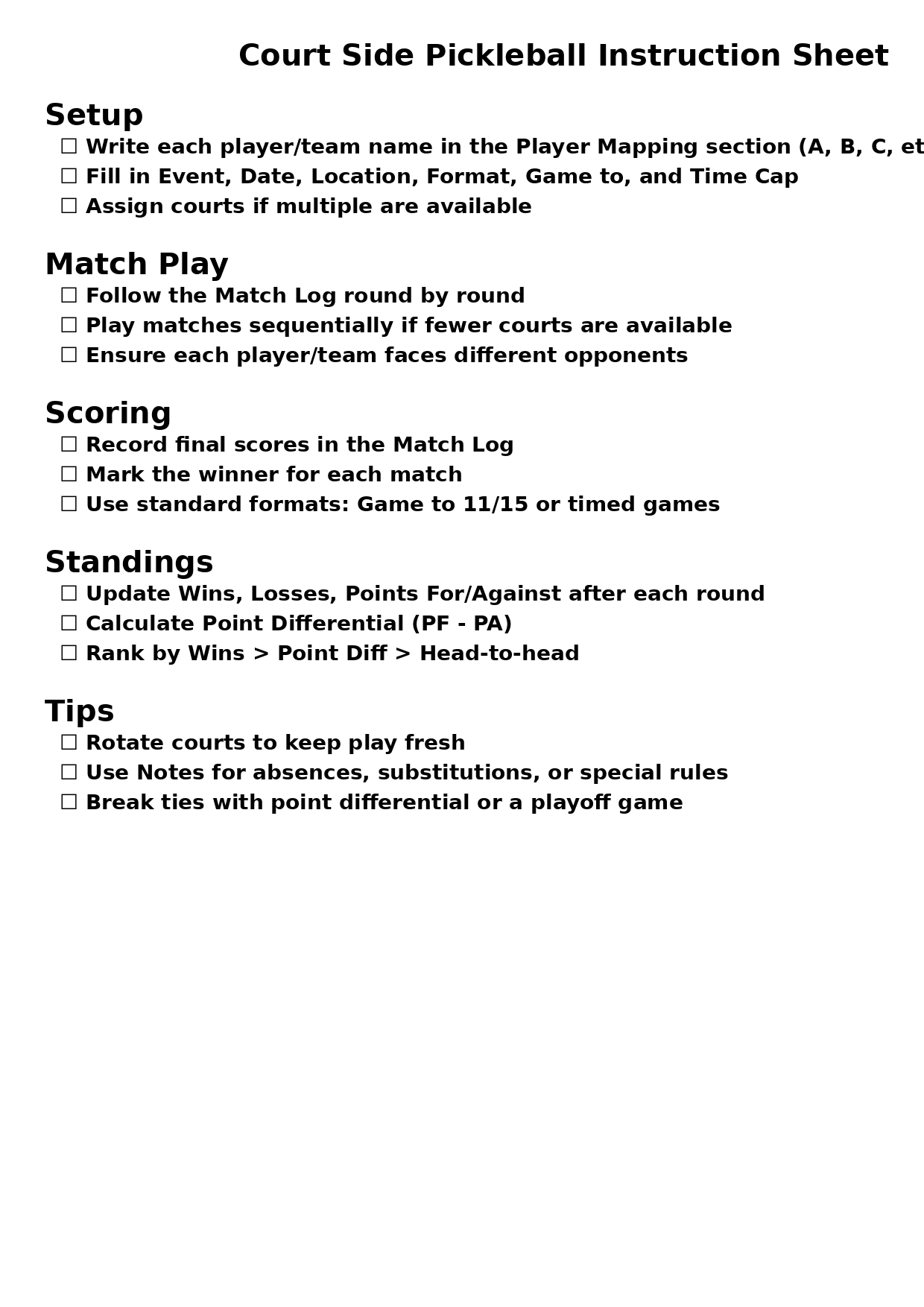 Court Side Pickleball Score Sheet – Printable PDF for Matches & Clubs (Instant Download)