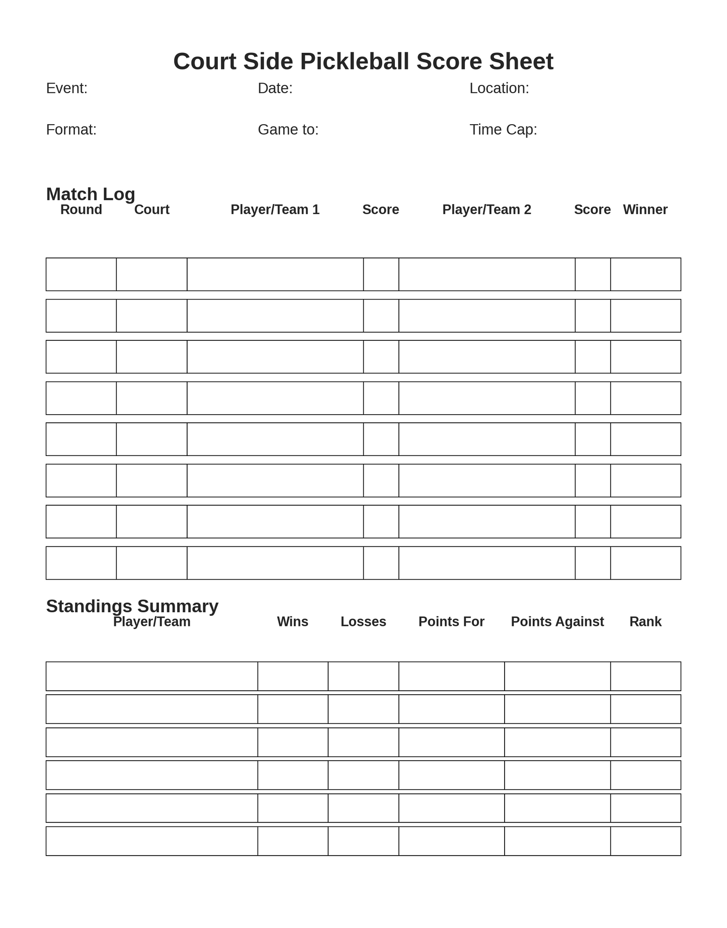 Court Side Pickleball Score Sheet with event details and score tracking sections.