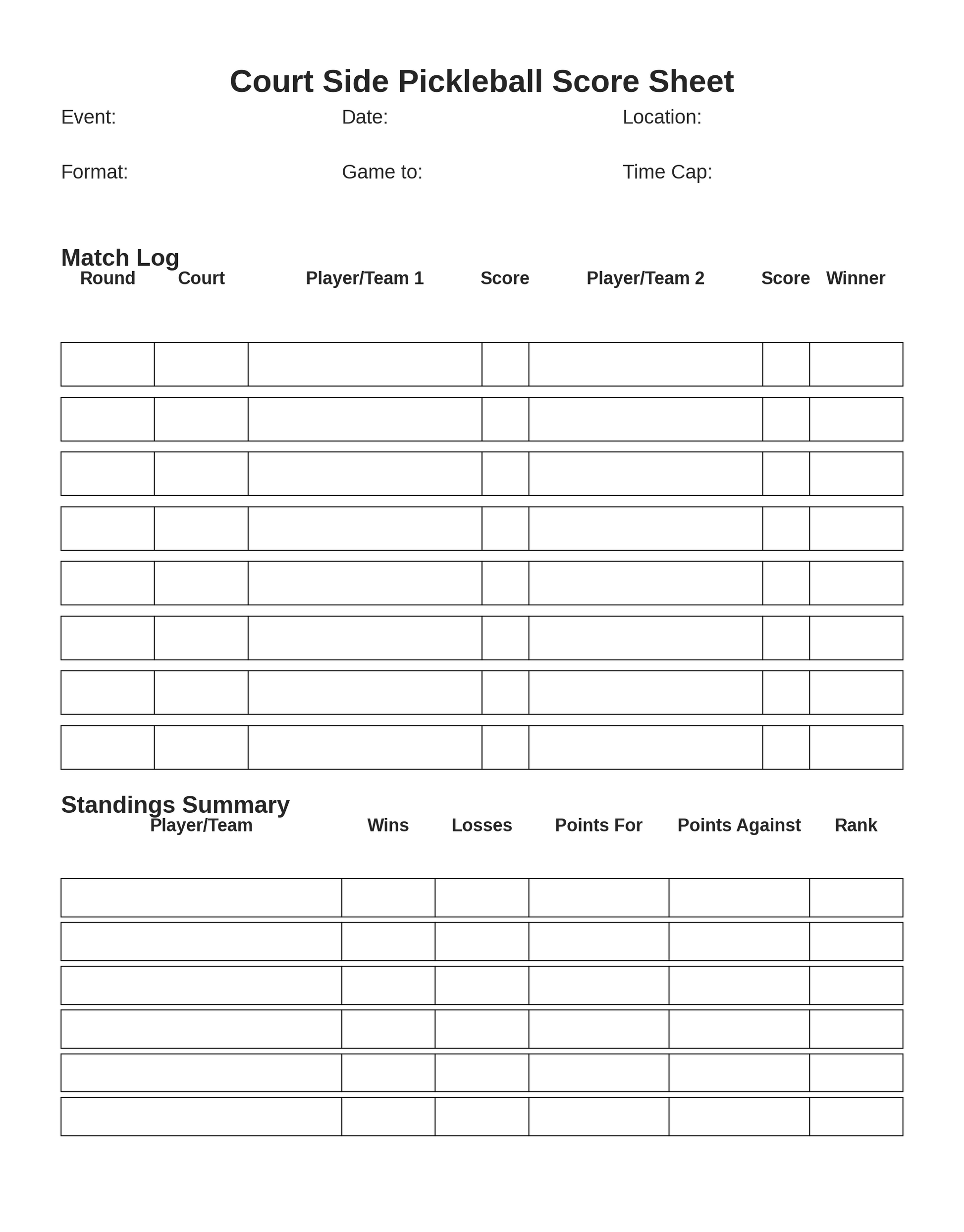 Court Side Pickleball Score Sheet with event details and score tracking sections.
