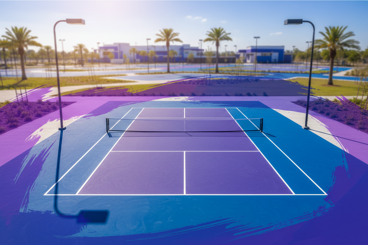 Pickleball court background with purple and blue accents