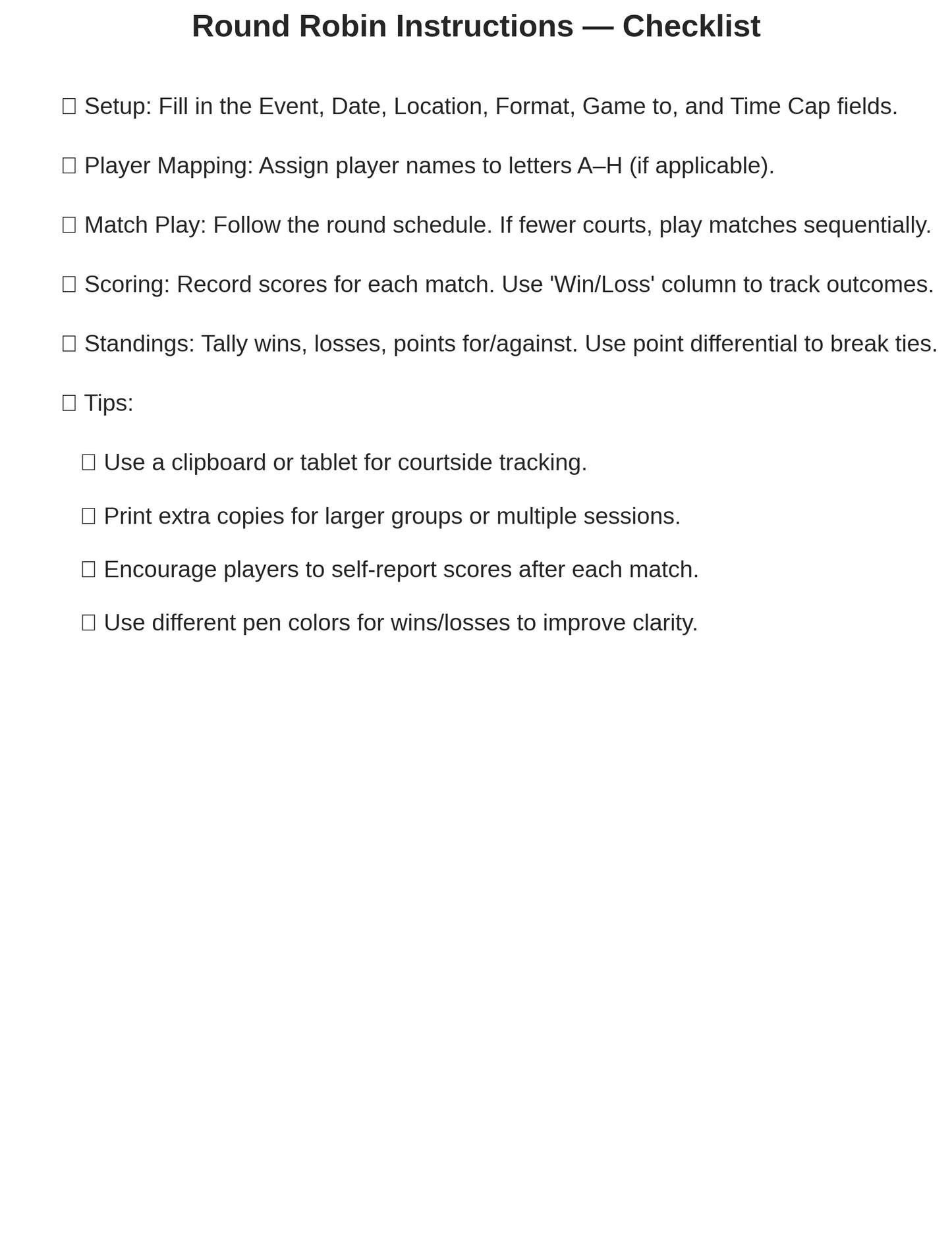 Feuille de Score Pickleball Round Robin – PDF Imprimable pour Clubs et Tournois (Téléchargement Instantané)