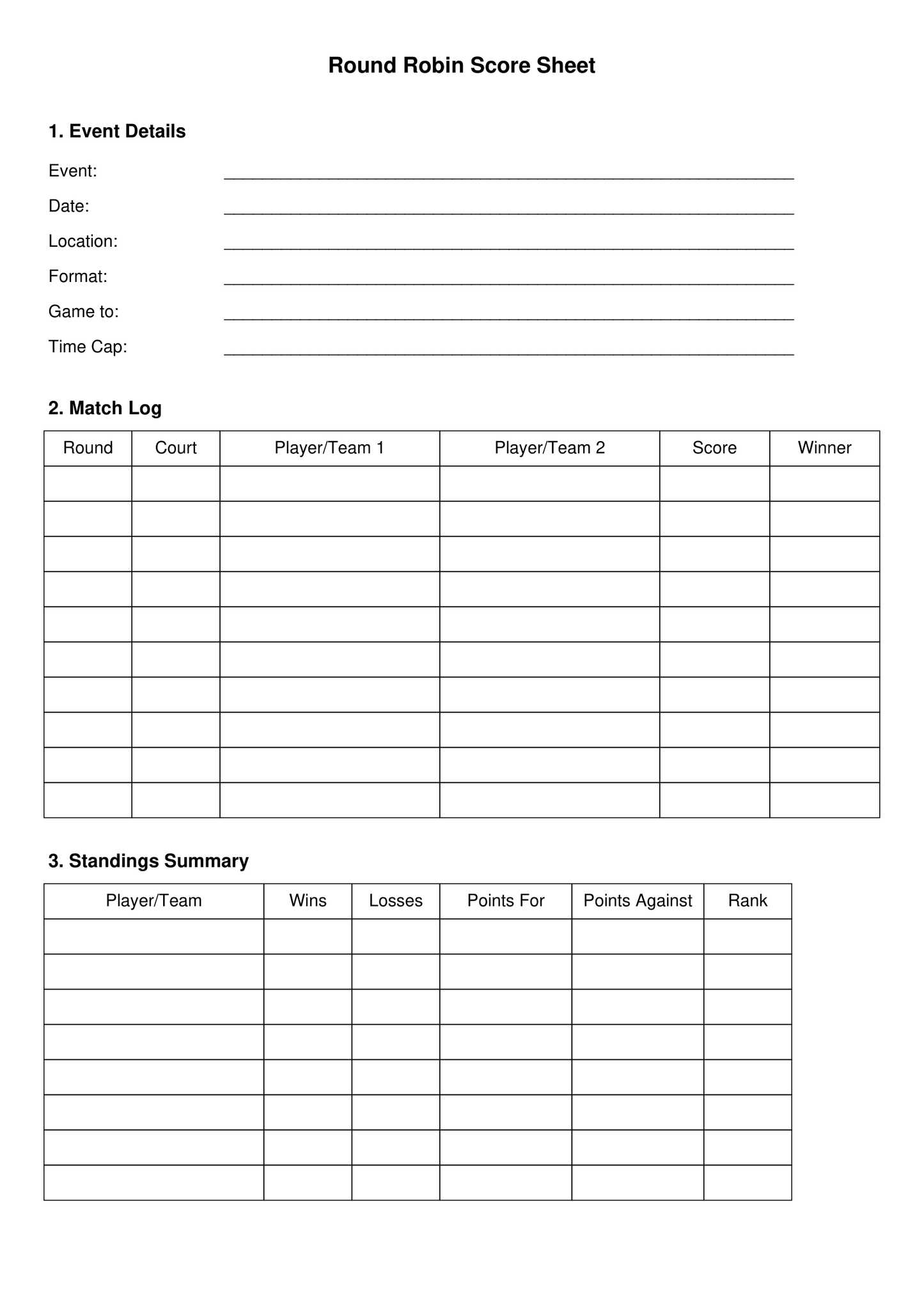 Feuille de Score Pickleball Round Robin – PDF Imprimable pour Clubs et Tournois (Téléchargement Instantané)